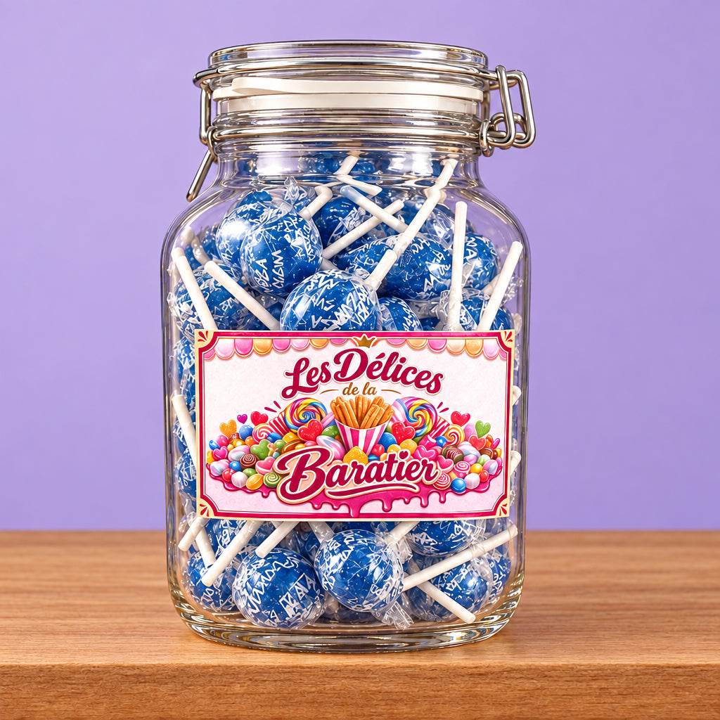 Sucette fourrée au chewing-gum et couverte de poudre effervescente