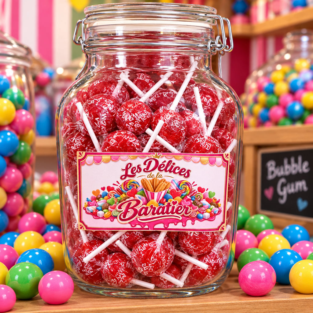 Sucette fourrée au chewing-gum et couverte de poudre effervescente